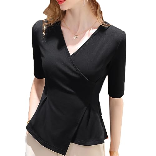 Damen Volltonfarbe Kurzarm Kreuz V-Ausschnitt Halbarm T-Shirt Asymmetrisch Tailliert Schickes Top T-Shirt von LAZIRO