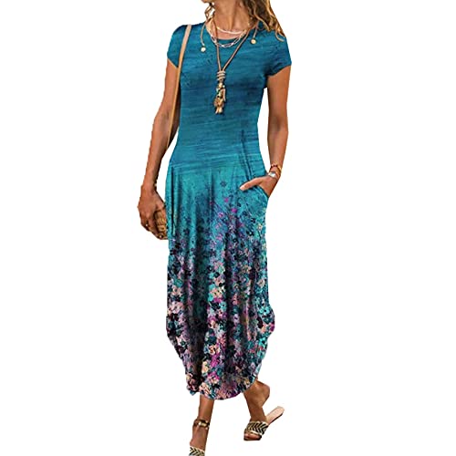 LAZIRO Damen Sommer Rundhalsausschnitt Einsatz Tasche Kurzarm Trendy Mode Print Kleid von LAZIRO