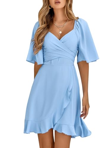 LAZIRO Damen Sommer V-Ausschnitt Ausgestellte äRmel Kurze äRmel Einfarbig Taille RüSche Sommer Minikleider von LAZIRO