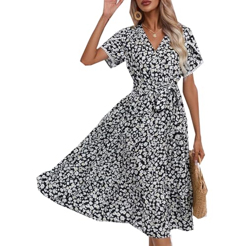 LAZIRO Damen V-Ausschnitt Halbe äRmel Kleid Sommer Bedruckte Taille Krawatte UnregelmäßIger Saum Split Kleider von LAZIRO