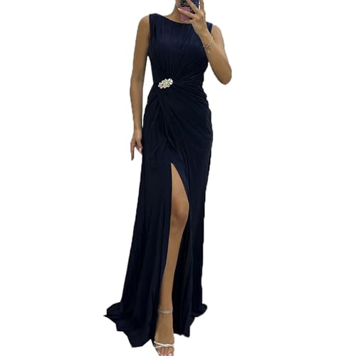 LAZIRO Women's Sommer Rundhalsausschnitt Farbe Plissiert Split Casual Kleider äRmellose Mode Kleider Abendkleider Frauen von LAZIRO