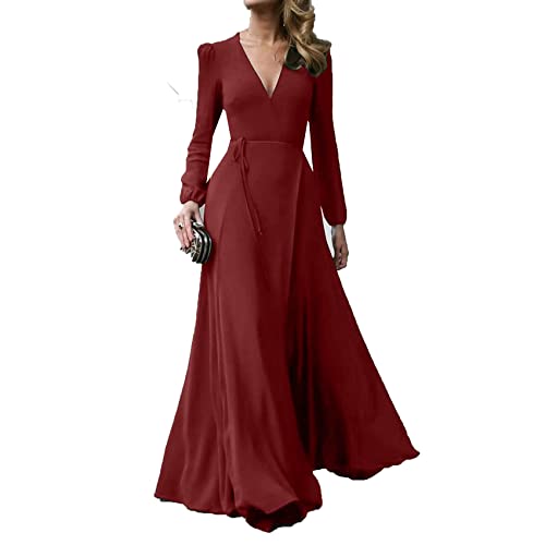 Women's Solid Colour Kleid V-Ausschnitt Lange äRmel GroßEr Saum Gebundenes DüNnes Temperament Langes Kleid Weiblich von LAZIRO