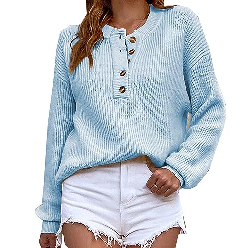 Women's Solid-Coloured Buttoned Pullover Pullover Herbst Und Winter Rundhalsausschnitt Strickwaren Langarm Loose Tops von LAZIRO