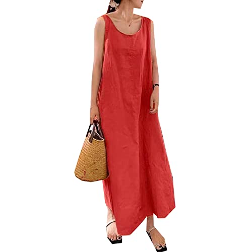 Women's Sommer HosenträGer Solid Farbe Baumwolle Leinen Einfacher Wind Lose Taschen Rundhalsausschnitt Temperament äRmellose Kleider Frauen von LAZIRO
