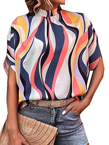 Women's Summer Half High Neck Casual Fashion Print Open Bat Sleeve Tops Short Sleeve Women von LAZIRO
