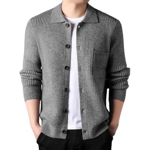 Herren Strickjacke Mit Revers, Elegant, Klassisch, Lässig, Langärmelig, Mit Knöpfen, Ananas Strick Cardigan Für Herren Mit Brusttasche, Sweatshirts, Grau, L von LApooh