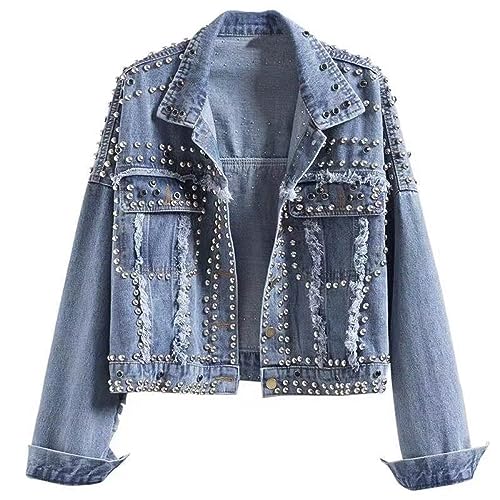 Jeans Jacken Für Damen,Damen Vintage-Jeansjacke Mit Nieten, Ausgefranste, Lässige Jean Shacket Trucker-Jacke, Mittellange Boyfriend-Jacke, Punk-Cardigan, Parka-Overcoat Für Herbst Und Frühling, von LApooh