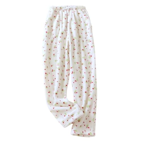 LApooh Flauschige Jogginghose Für Damen, Pyjamahose, Winterwarme Plüschhose Mit Blumenmuster, Bequeme Haushose Mit Taschen Und Kordelzug, Fleece-Plüschhose, Rot, Weites Bein, S von LApooh