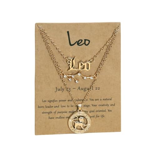 LApooh Halskette Mit 12 Sternbildern, Dreiteiliges Set, Halsband Mit Sternbild Anhänger Und Zirkonia, Sternzeichen Schmuck, Geburtstagsgeschenke Für Frauen Und Mädchen, Löwe Goldfarben von LApooh