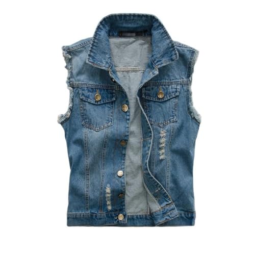 LApooh Herren Jeansweste-Herren Jeansweste Jacke Mit Graten Und Löchern Slim Fit Revers Vintage Casual Jeans Gilet Biker Weste Motorradmantel Ärmellose Jacke Weste Cowboy Oberbekleidung,L von LApooh