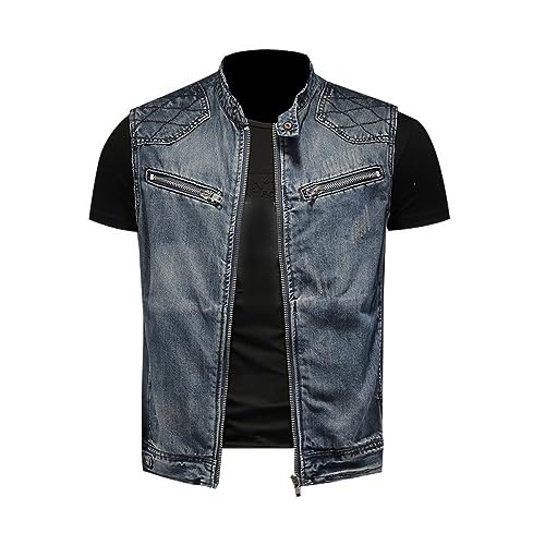 LApooh Herren Jeansweste-Modische Herren-Weste Aus Gewaschenem Denim Mit Stehkragen, Lässige Jeans-Gilet, Biker-Weste, Motorradmantel, Ärmellose Weste, Jacke Mit Reißverschluss, Strickjacke, O von LApooh