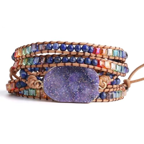 LApooh Mehrschichtiges Wickelarmband, Lapislazuli-Perlen, Lila Drusenquarz, Handgefertigt, Geflochtenes Leder, Strang-Wickelarmbänder, Chakren-Armband Für Frauen Und Mädchen von LApooh