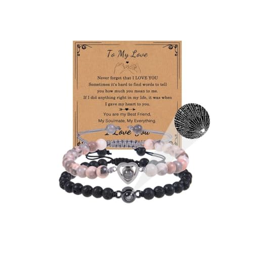 LApooh Paar-Projektionsarmband, Rhodochrosit- Und Vulkansteinperlen, Handgewebte Projektion, 100 Sprachen, „Ich Liebe Dich“, Paar-Armbandschmuck Für Männer Und Frauen von LApooh