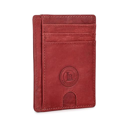 Leatherboss Slim Card Holder Wallet aus echtem Leder für Damen und Herren | Minimalistische Fronttasche | Mehrere Kartenfächer, Bargeldfach & Ausweisfenster |, Rot/Ausflug, einfarbig (Getaway Solids von LB LEATHERBOSS