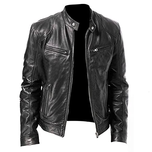 LBDLBD Herren Lederjacke - Vintage Plus Size Revers Slim Pu-Leder Slim Bomber Diagonal Zipper Jacke,Lässige Aviator Biker Motorradmäntel,Leichte Weiche Winddichte Übergangsüberzieher,Schwarz,3XL von LBDLBD