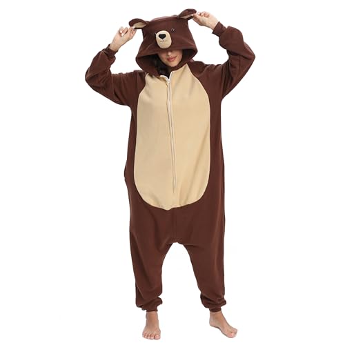 LBJR Bär Jumpsuit Tier Ganzkörper Schlafanzug Erwachsenen Onesie Cosplay Kostüme Pyjama Fasching,L,Bär von LBJR