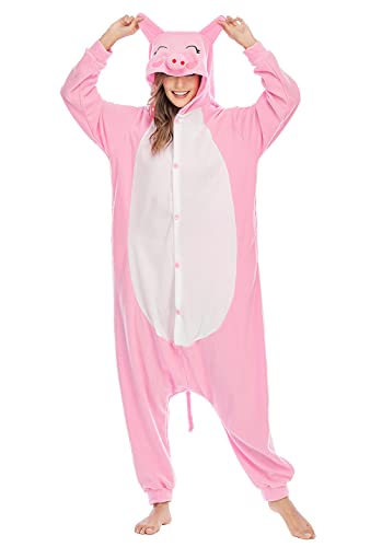 LBJR Kostüm Jumpsuit Onesie Tier Fasching Karneval Halloween kostüm Damen Cosplay Schlafanzug,XL, Rosa Schwein von LBJR