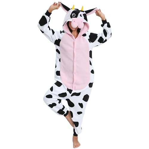 LBJR Kuh Jumpsuit Tier Ganzkörper Schlafanzug Erwachsenen Onesie Cosplay Kostüme Pyjama Fasching,S,Kuh von LBJR