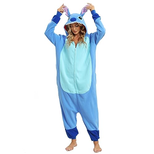 LBJR Stitch Jumpsuit Tier Ganzkörper Schlafanzug Erwachsenen Onesie Cosplay Kostüme Pyjama Fasching,L,Blue von LBJR