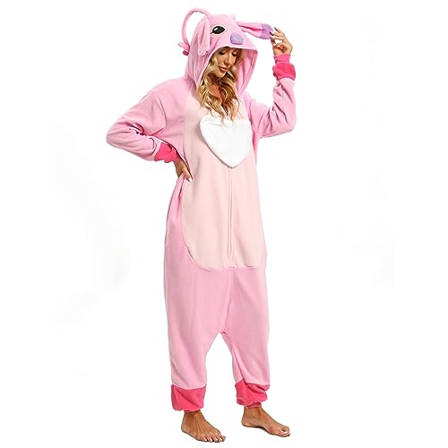 LBJR Stitch Jumpsuit Tier Ganzkörper Schlafanzug Erwachsenen Onesie Cosplay Kostüme Pyjama Fasching,L,Pink von LBJR
