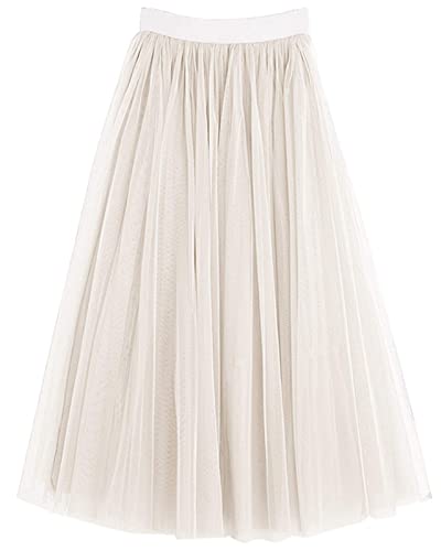 LBKKC Damen Midi Tüllrock Elastische Taille 3 Schichten Mesh Formale Prom Party Tutu Rock A Linie, Cream, L/XL von LBKKC