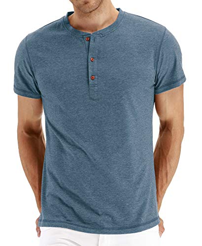 LBL Herren T-Shirts Sommer Henley Kurzarm Shirts Front Placket Basic T-Shirts Tops, 28 Hellblau, L von LBL Leading the Better Life