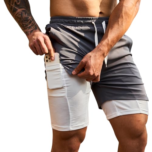 LBL Leading the Better Life Herren 2 in 1 Shorts Sommer Quick Dry Laufshorts Fitness Training Sport Shorts Grau/M von LBL Leading the Better Life