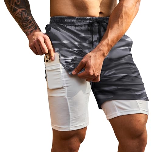 LBL Leading the Better Life Herren 2 in 1 Shorts Sommer Quick Dry Laufshorts Fitness Training Sport Shorts Tarnfarbe grau/L von LBL Leading the Better Life