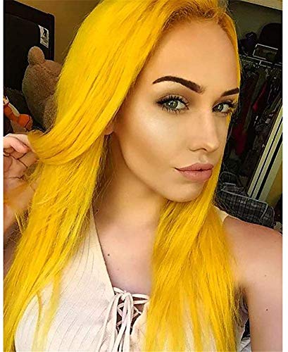 Gelbe Perücken mit Spitzenfront, langer gerader goldener Haarschnitt, synthetisches Haar, hitzebeständige Perücke für Frauen und Mädchen, Kostümkleidu von LBLhello