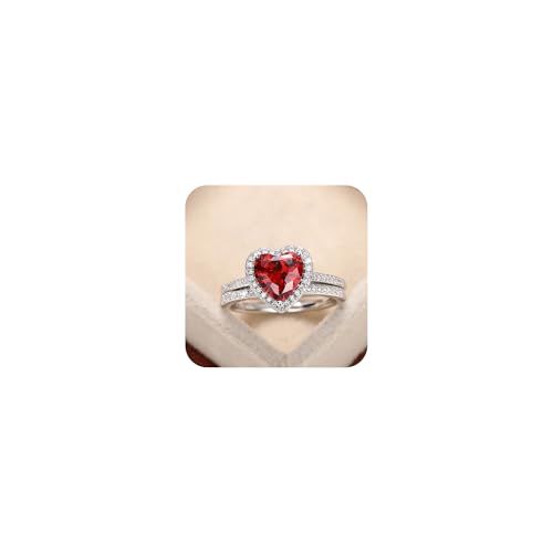 Funkelnde rote Liebe Herz Halo Ring Set 925 Sterling Silber Kubikzirkonia Solitaire Engagement Statement Ringe für Frauen simulierte Diamantanjubiläum Ehering Enhancer -Brautsätze (Größe 6) von LBRTMED