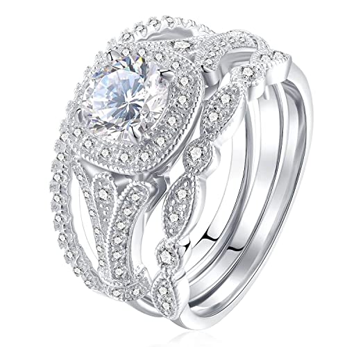 LBRTMED CWZZWS Modebring Set Drei-in-One-Runde Ehering-Set-Verlobungsringe 925 Silberring Kubikzirkonia CZ Promise Eternity Band für Frauen Größe 6-10 (8#) von LBRTMED