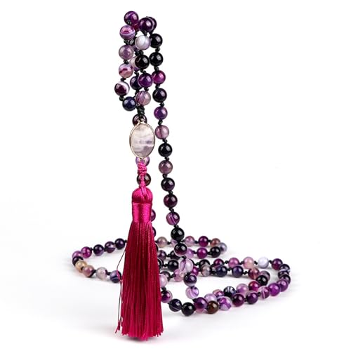 LBRTMED Xfzjchap 8 mm Perlenarmbänder für Frauen und Männer, lila Achat Quasten Halskette Steinbänder Stretch, Modeschmuck von LBRTMED