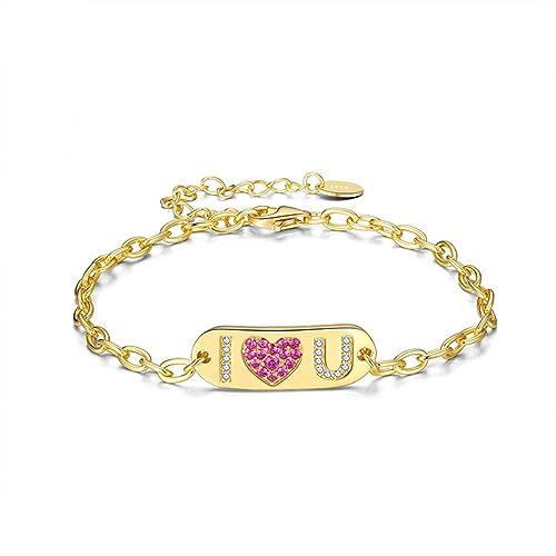 LBRTMED Xfzjchap 925 Sterling Silber Armband für Frauen, Gold Ich liebe U Herz rosa kubische Zirkonia -Kettenarmband einstellbar 8 Zoll von LBRTMED
