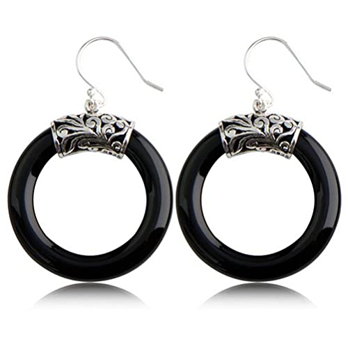 Ohrringe für Frauen, Ohrring Retro Thai Ohrring Einfacher großer Kreis Schwarzer Achatohrringe Womenle Black von LBRTMED