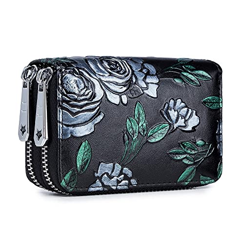Yirenzui Women Card Halter geteiltes Leder-Doppel-Reißverschluss-Gehäuse mit großer Kapazität 3D Blumendruck Lady Wallets Geldbörse ， Multi-Karten-Anti-RF-Scanfunktion, die beste Wahl ， Silver Rose von LBRTMED