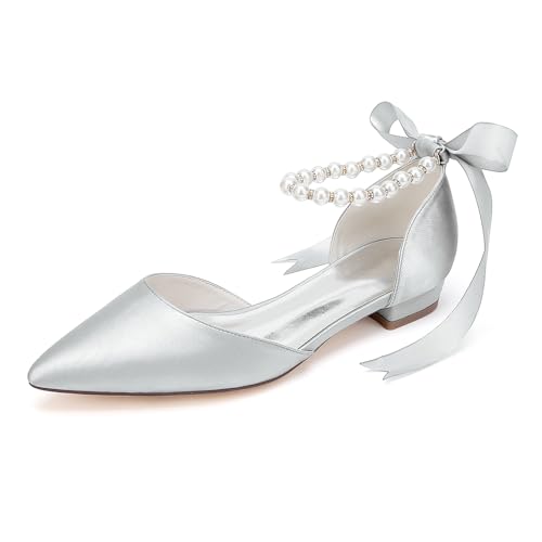 LBRYVTCE Damen Flache Schuhe - Elegante Ballerinas mit Spitzer Spitze, Slip-On-Design für Komfortables Gehen,Silber,40 von LBRYVTCE