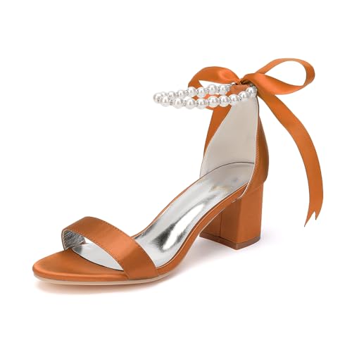 LBRYVTCE Damen-Hochheelsandalen mit Runde Zehenkappe und Stabilem Blockabsatz, Ankle-Riemen, Perlenschlitz und Offener Zehenkappe - Ideal für Kleider, Hochzeiten,Orange,36 von LBRYVTCE