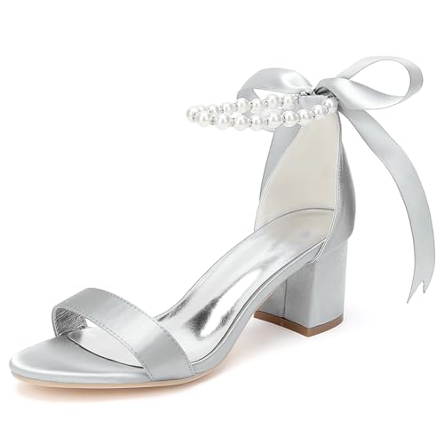 LBRYVTCE Damen-Hochheelsandalen mit Runde Zehenkappe und Stabilem Blockabsatz, Ankle-Riemen, Perlenschlitz und Offener Zehenkappe - Ideal für Kleider, Hochzeiten,Silber,35 von LBRYVTCE