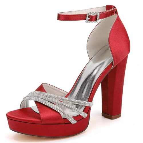LBRYVTCE Damen Satin Sandalen mit Stabilem Blockabsatz, Klassische Schnall Pumps, Peep Toe, Strassstein Verzierung Ideal für Büro, Arbeit, Hochzeiten und Gala-Anlässe,Rot,38 LBRYVTCE Damen Satin Sandalen mit Stabilem Blockabsatz, Klassische Schnall Pumps, Peep Toe, Strassstein Verzierung Ideal für Büro, Arbeit, Hochzeiten und Gala-Anlässe,Rot,38 von LBRYVTCE