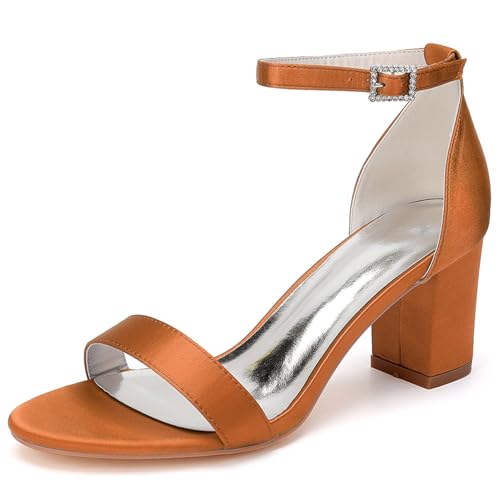 LBRYVTCE Damen-Stabile Blockabsatz mit Schnallverschluss, Hochheelsandalen mit Offener Zehenkappe - Hochzeitsschuhe für die Braut und stilvolle Brautjungfernschuhe,Orange,36 von LBRYVTCE