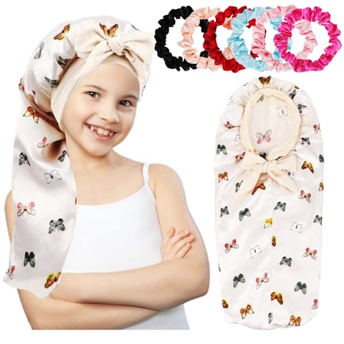 Lange Kinderhauben für Mädchen, Haube zum Schlafen von Kindern, Satinhaube für Kinderzöpfe, lockiges Haar, Duschhaube (Beige Schmetterling) von LBYLUS