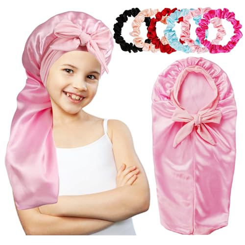 Lange Kinderhauben für Mädchen, Haube zum Schlafen von Kindern, Satinhaube für Kinderzöpfe, lockiges Haar, Duschhaube (Rosa) von LBYLUS