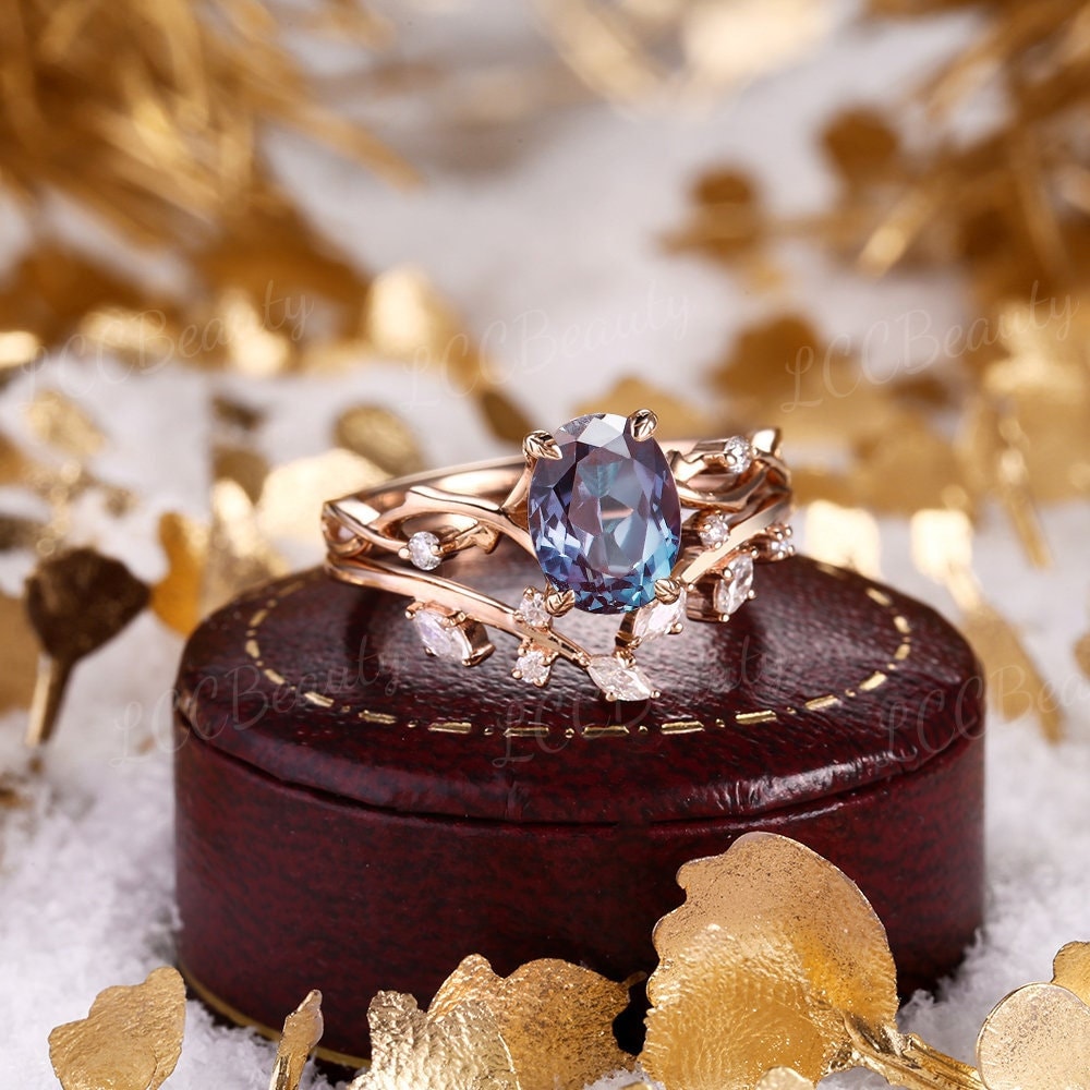 Einzigartige Oval Alexandrit Verlobungsringe Rose Gold Blatt Ring Braut Zweig Marquise Moissanite Hochzeit Band Ringe Für Frauen von LCCjewelry