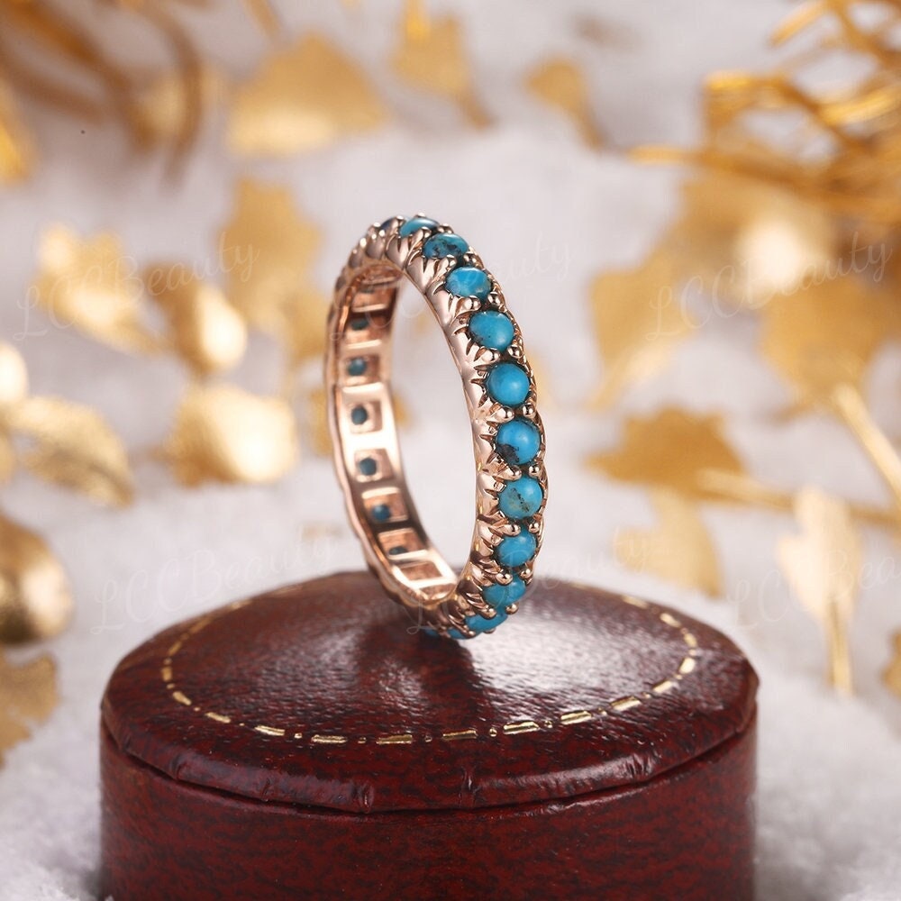 Einzigartige Runde Türkis Ehering Frauen Rose Gold Stapeln Passende Ringe Antike Volle Ewigkeit Western Ring von LCCjewelry