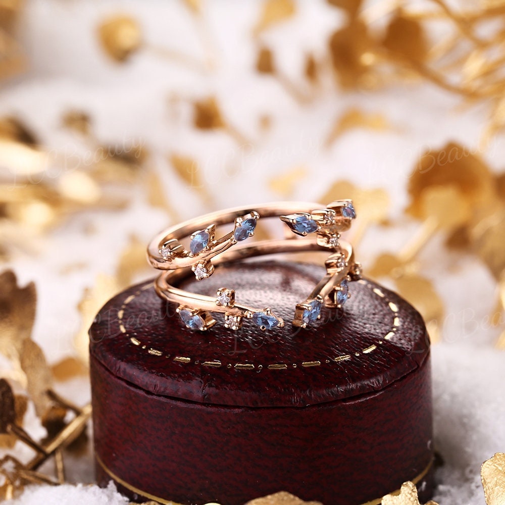 Vintage Alexandrit Blatt Doppel Gebogen Ehering Einzigartiger Ring-Enhancer Und Wraps Farbwechsel Edelstein Rose Gold Braut Ring Für Frauen von LCCjewelry