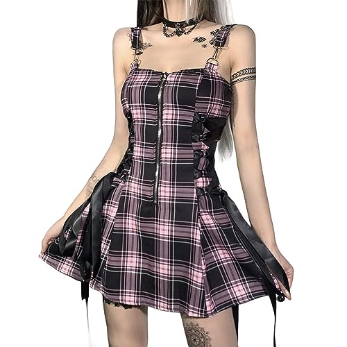 Damen Kleid,Damen Gothic Kleid Y2K Plaid Cami Bandage Minikleid Punk Vintage Kleid Sexy Slim Reißverschluss Ärmellos A-Linie Sommerkleider Cosplay Halloween Partykleid Streetwear,Rosa,S von LCDIUDIU