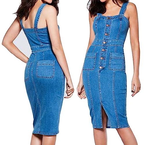 Damen Kleider Sommer,Damen-Jeanskleid Figurbetont Sexy Spaghettiträger Ärmellos Tank-Kleid Modisch Schmales Vorne Geteiltes Bleistiftkleid Vintage-Waschung Jean-Cami-Kleid Party Club Streetwear Bl von LCDIUDIU