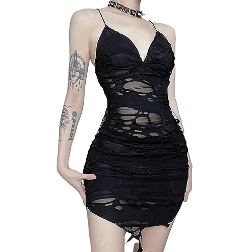 Dunkles Gothic-Kleid Für Damen Schwarz Zerrissen Distressed Spaghettiträger Cami-Kleid Punk Sexy Mini Figurbetontes Kleid Modisches Bleistiftkleid Mit Unregelmäßigem Saum Cosplay-Halloween-Kleid M von LCDIUDIU