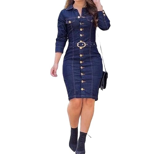 Freizeitkleider Für Damen, Damen-Jeanskleid Sexy Schmales Langärmliges Bleistiftkleid Mit V-Ausschnitt Herbst Elegantes Hemdkleid Mit Brusttasche Und Knopfleiste Vintage-Jeanskleid Im Used-Look Mi von LCDIUDIU