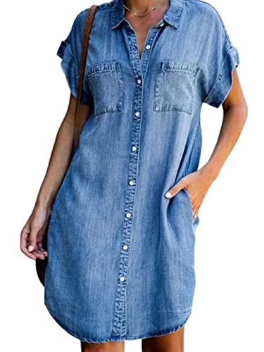 Freizeitkleider Für Damen,Damen-Jeanskleid Vintage-Waschung Verblasstes Kurzarm-Revers-Knopf-Kleid Lässiges Lockeres Hemdkleid Mit Tasche Sommer-Jeans-Etuikleid Midi-Kleider Für Damen Und Mädche von LCDIUDIU